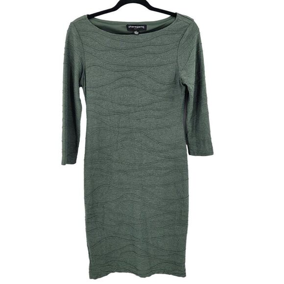 Vintage Sharagano Bodycon Dress 6 Moss Green Textured Boatneck 3/4 Sleeve Mini - Picture 1 of 11